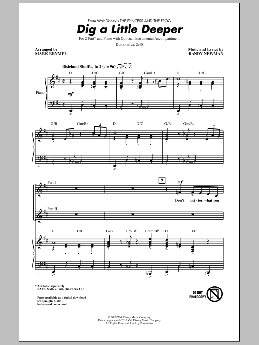 Mark Brymer Dig A Little Deeper (from The Princess And The Frog) sheet music notes and chords arranged for 2-Part Choir