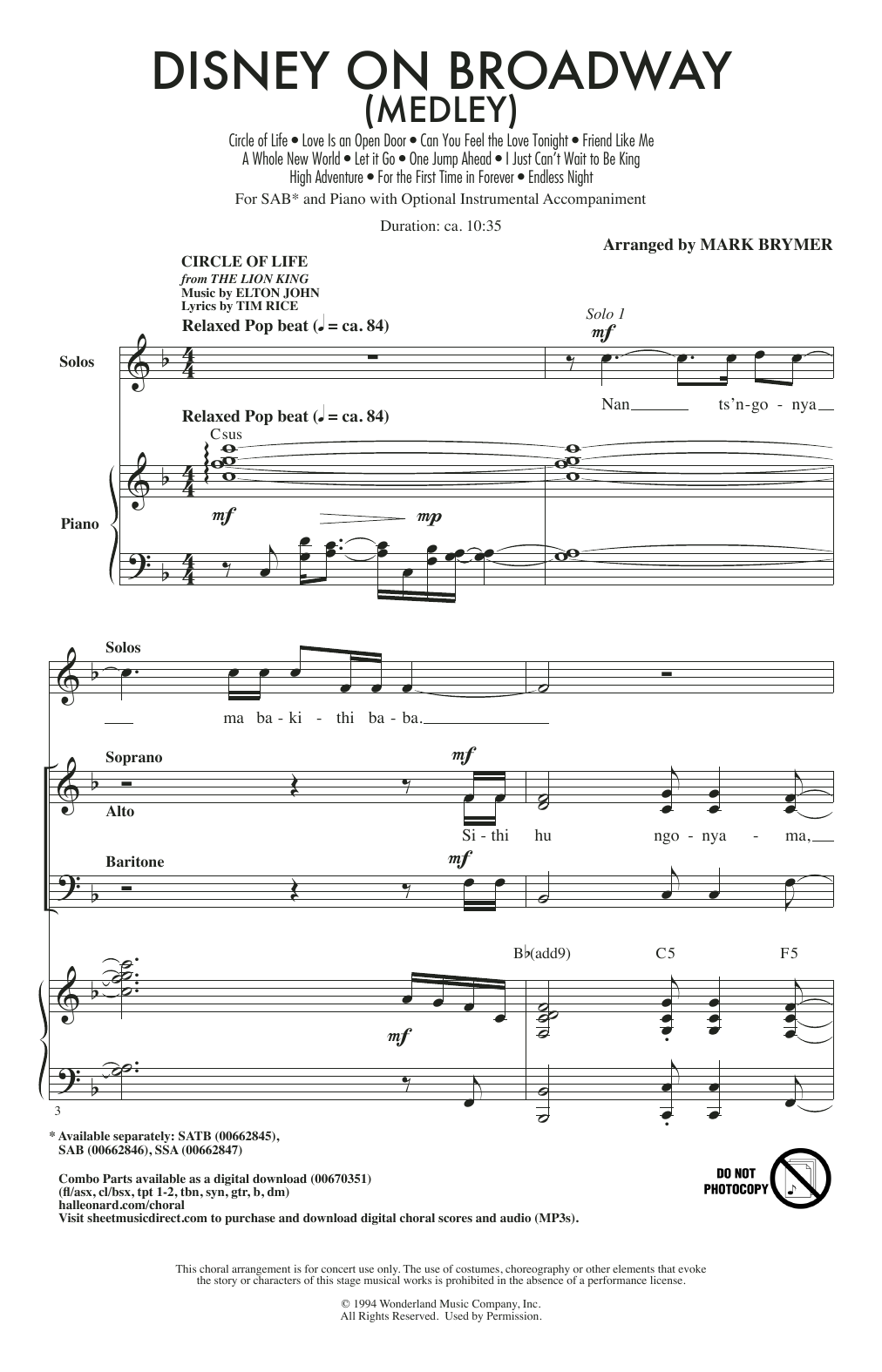 Mark Brymer Disney On Broadway (Medley) sheet music notes and chords arranged for SAB Choir