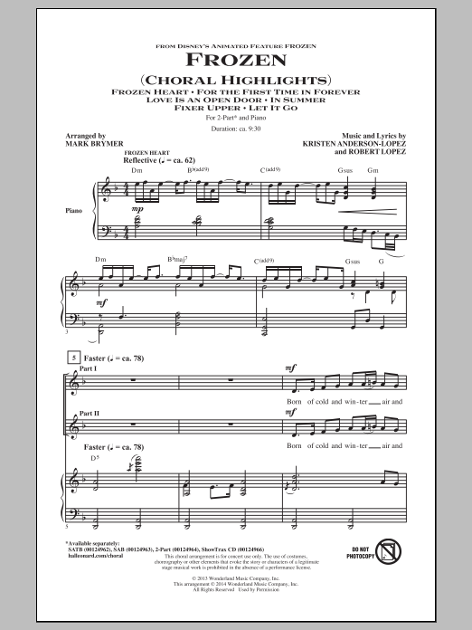 Mark Brymer Frozen (Choral Highlights) sheet music notes and chords arranged for 2-Part Choir