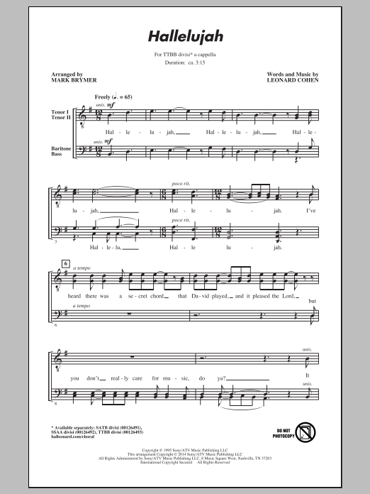 Mark Brymer Hallelujah sheet music notes and chords arranged for TTBB Choir