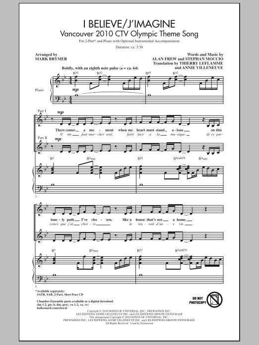 Mark Brymer I Believe / J'Imagine sheet music notes and chords arranged for 2-Part Choir