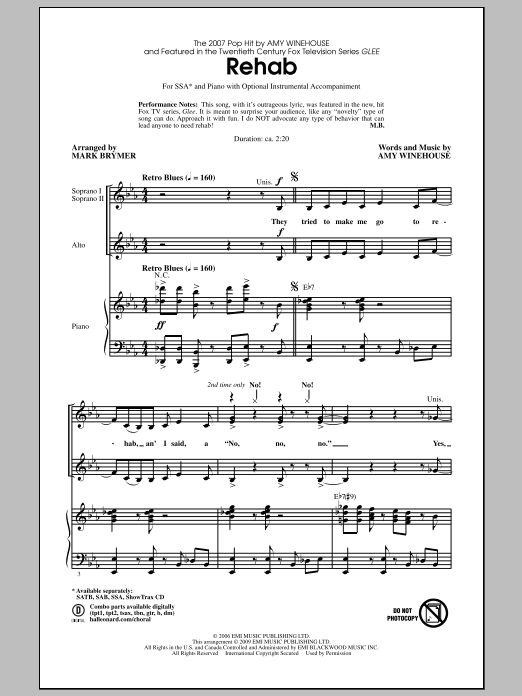 Mark Brymer Rehab sheet music notes and chords arranged for SSA Choir