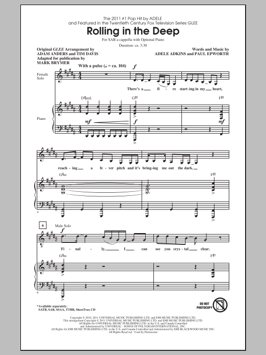 Mark Brymer Rolling In The Deep sheet music notes and chords arranged for SAB Choir