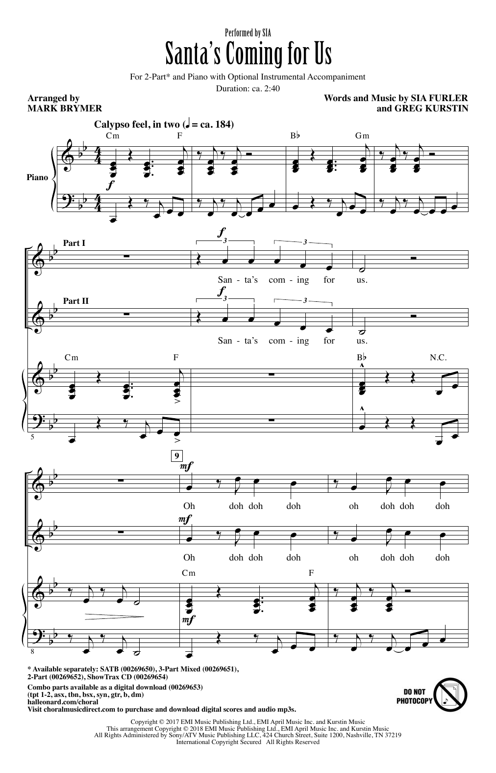 Mark Brymer Santa's Coming For Us sheet music notes and chords arranged for 2-Part Choir