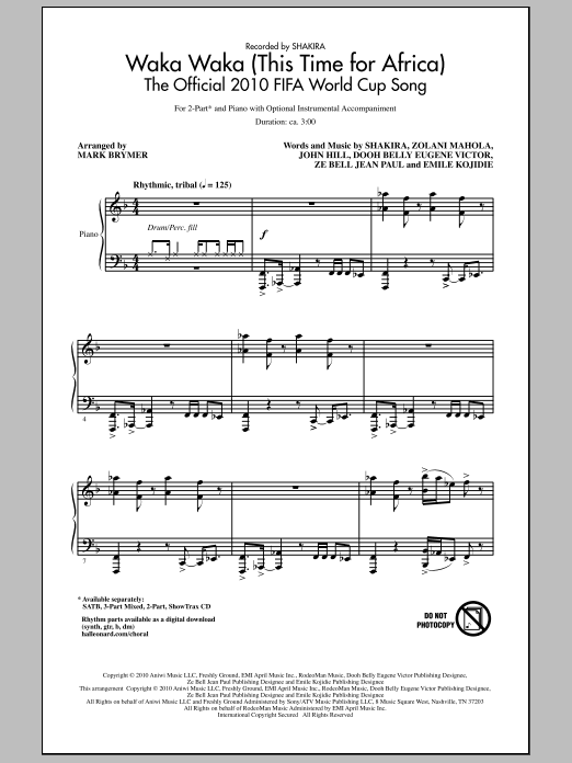 Mark Brymer Waka Waka (This Time For Africa) - The Official 2010 FIFA World Cup Song sheet music notes and chords arranged for 2-Part Choir