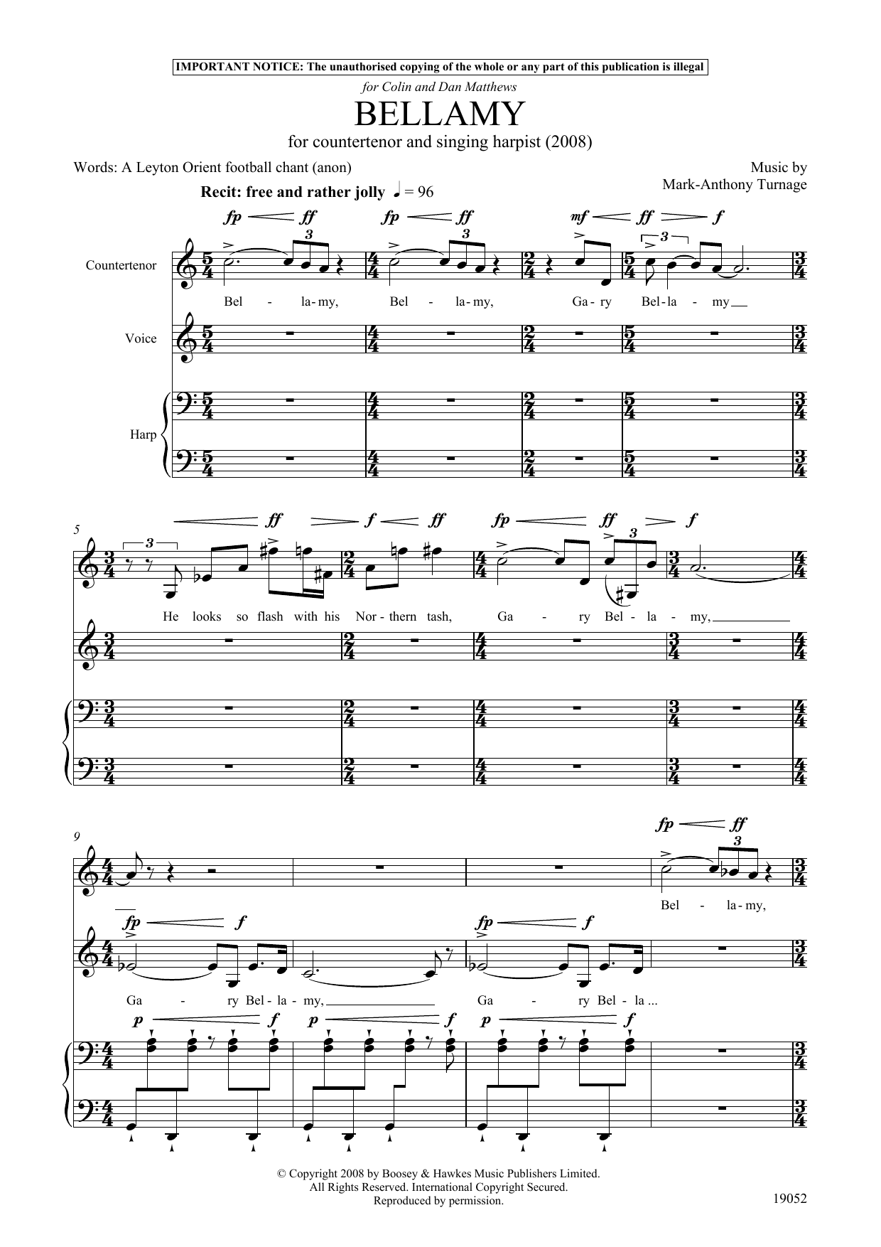 Mark-Anthony Turnage Bellamy (for counter-tenor, tenor and harp) sheet music notes and chords arranged for Piano & Vocal