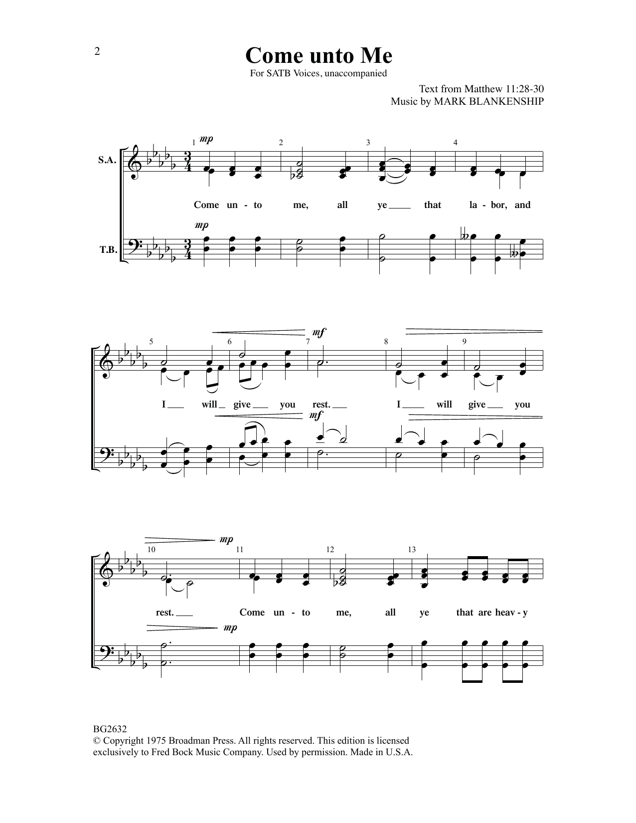Mark Blankenship Come Unto Me sheet music notes and chords arranged for SATB Choir