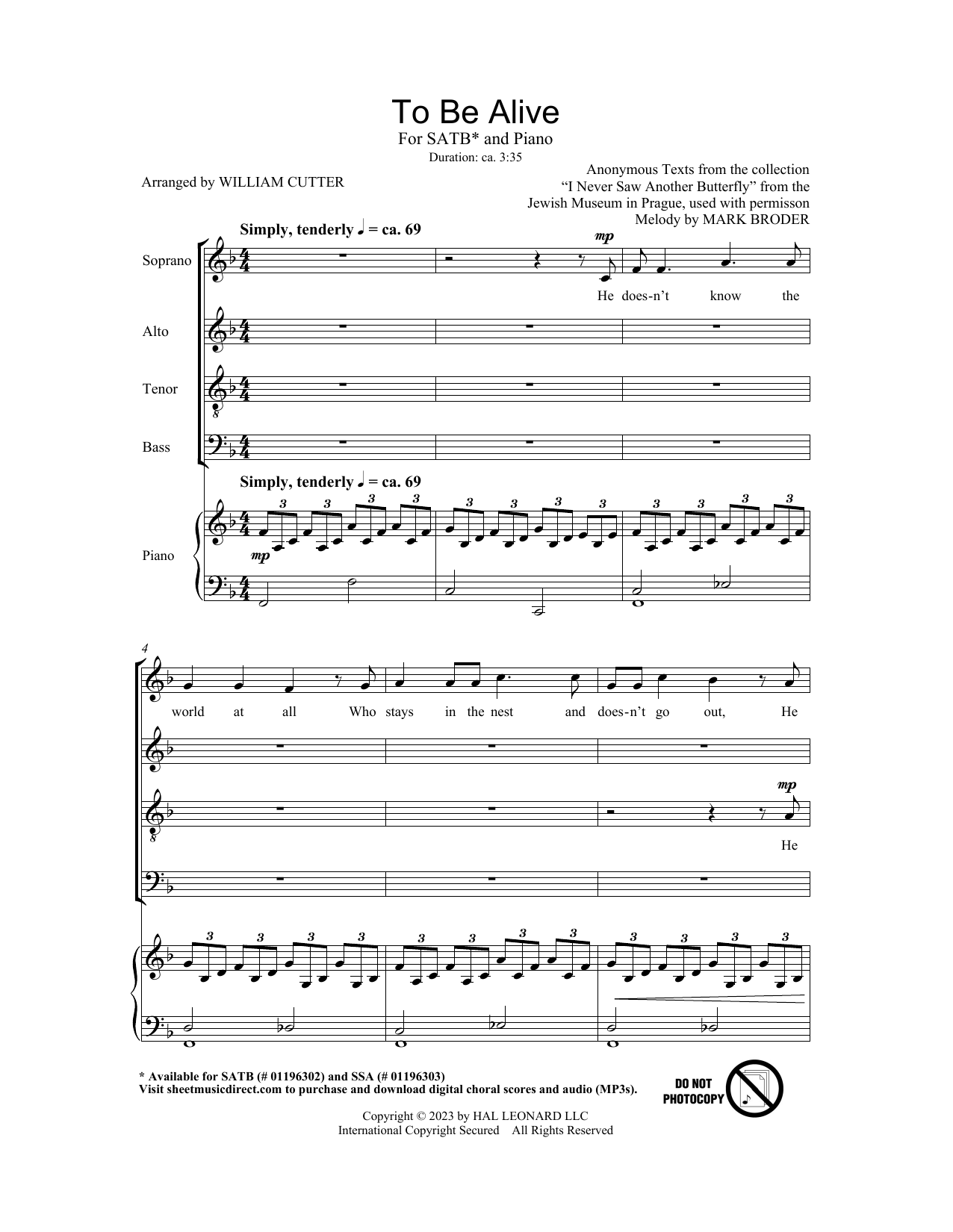 Mark Broder To Be Alive (Birdsong) (arr. Bill Cutler) sheet music notes and chords arranged for SSA Choir