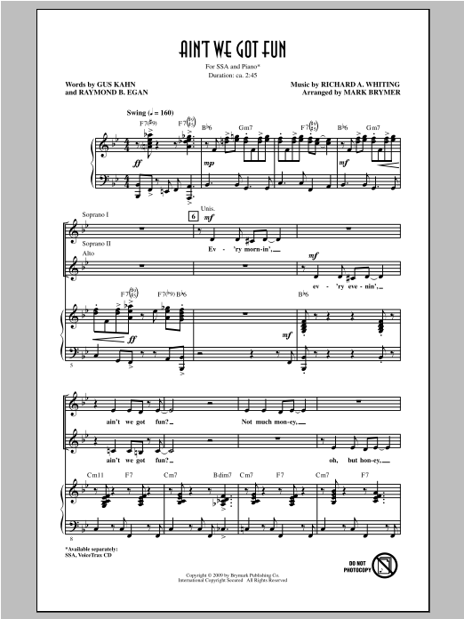 Mark Brymer Ain't We Got Fun? sheet music notes and chords arranged for SSA Choir