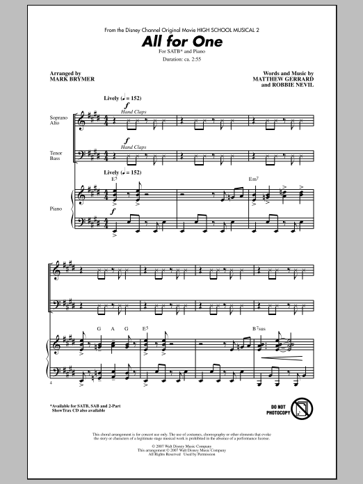 Mark Brymer All For One (from High School Musical 2) sheet music notes and chords arranged for SATB Choir