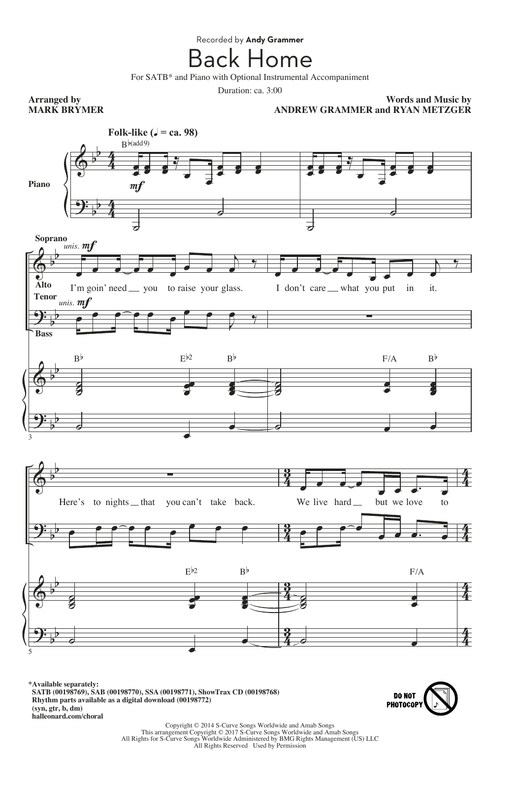 Mark Brymer Back Home sheet music notes and chords arranged for SSA Choir