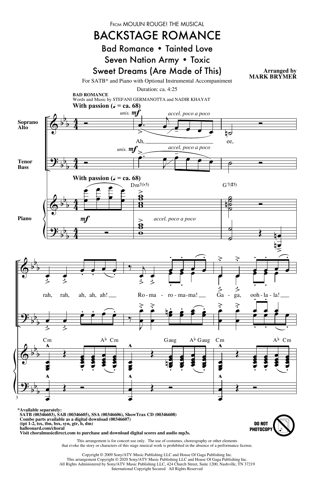 Mark Brymer Backstage Romance (from Moulin Rouge! The Musical) sheet music notes and chords arranged for SAB Choir