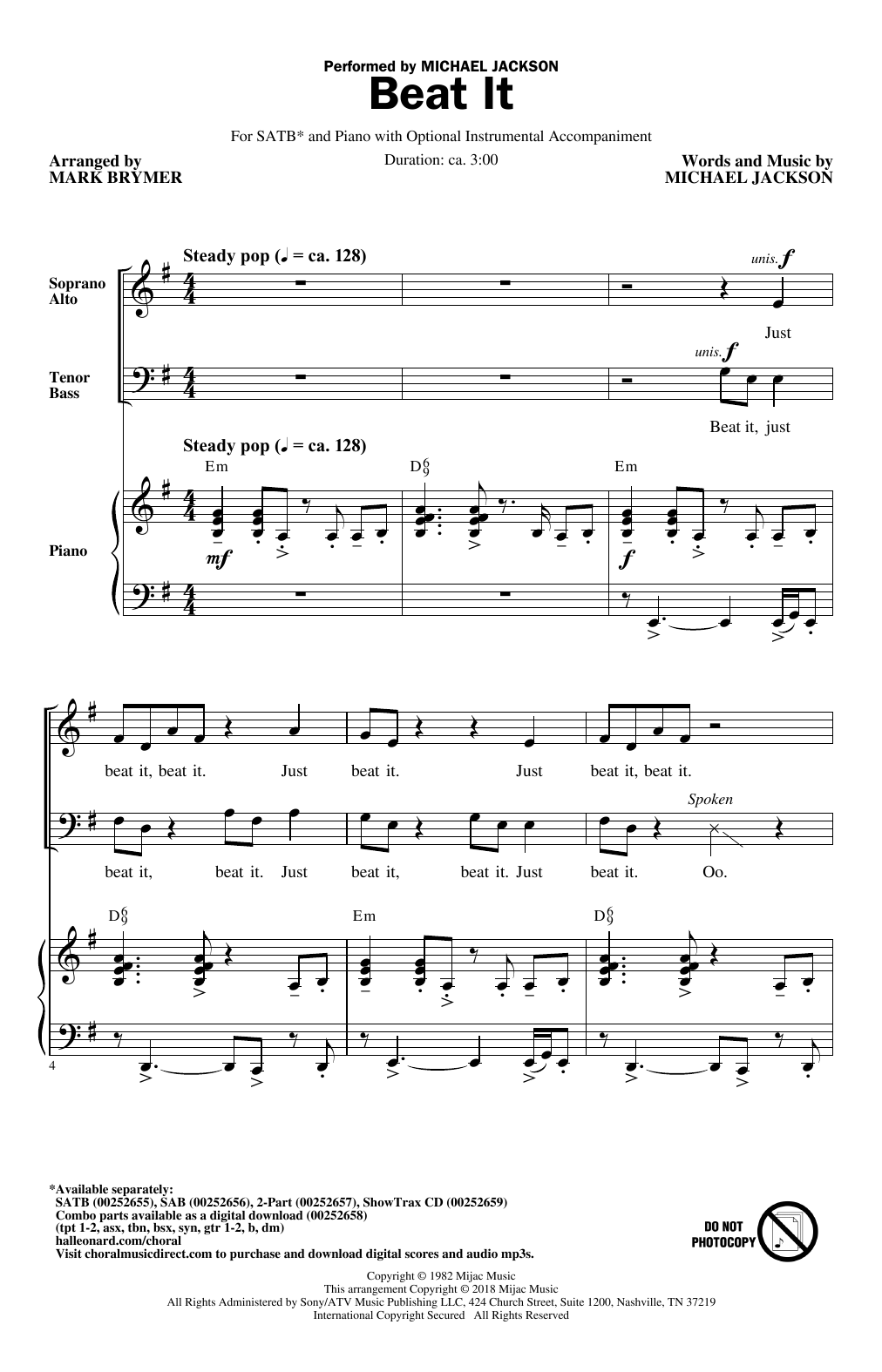 Mark Brymer Beat It sheet music notes and chords arranged for 2-Part Choir