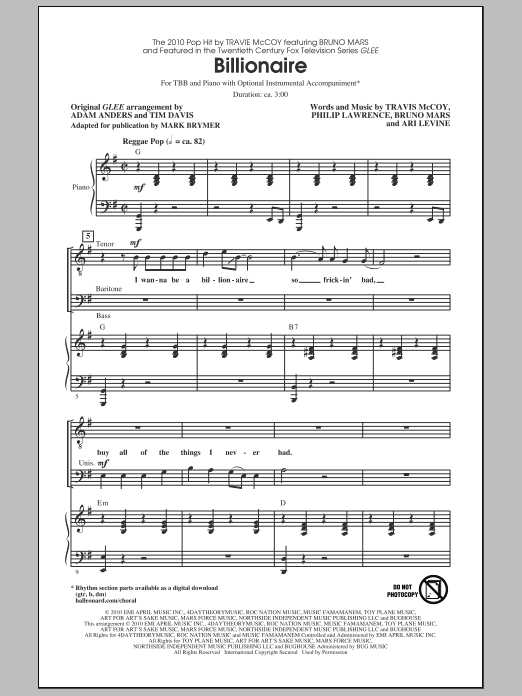 Mark Brymer Billionaire sheet music notes and chords arranged for TBB Choir