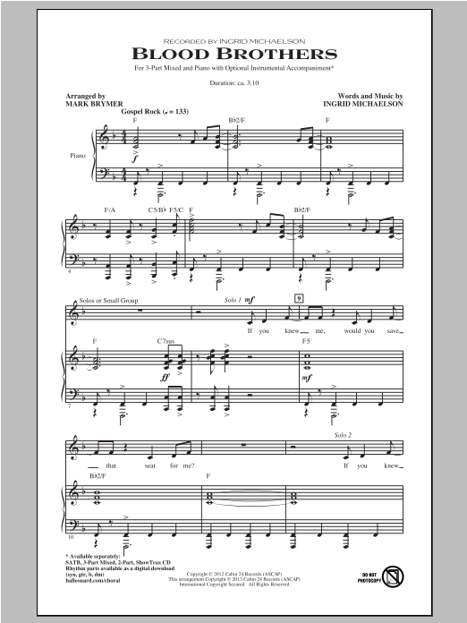 Mark Brymer Blood Brothers sheet music notes and chords arranged for 3-Part Mixed Choir