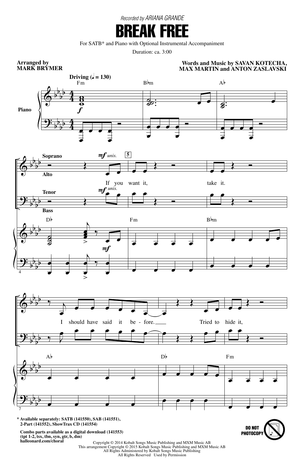 Mark Brymer Break Free sheet music notes and chords arranged for SATB Choir