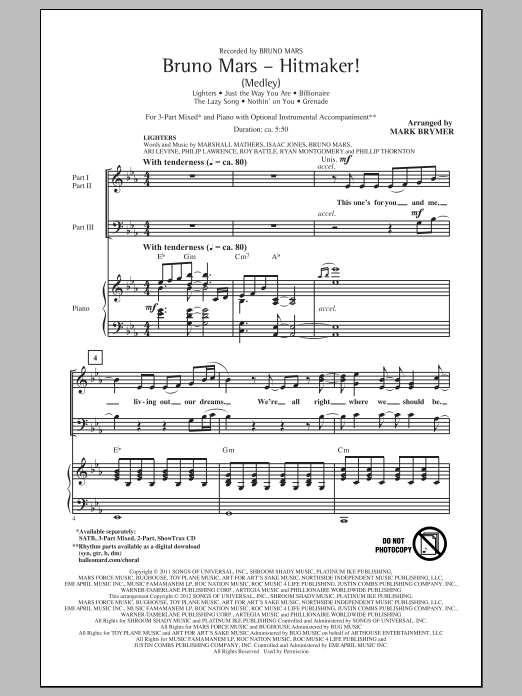 Mark Brymer Bruno Mars: Hitmaker! (Medley) sheet music notes and chords arranged for 3-Part Mixed Choir