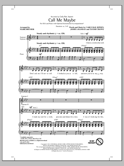 Mark Brymer Call Me Maybe sheet music notes and chords arranged for SATB Choir