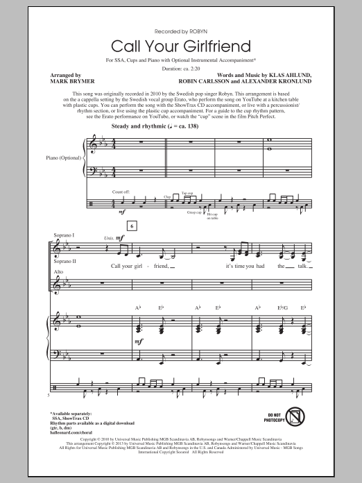 Mark Brymer Call Your Girlfriend sheet music notes and chords arranged for SSA Choir