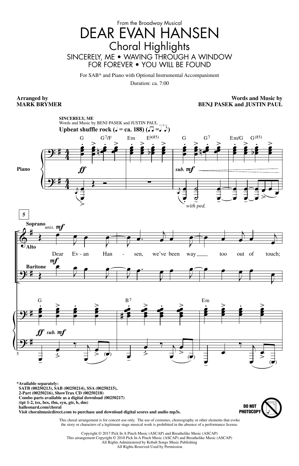 Mark Brymer Dear Evan Hansen (Choral Highlights) sheet music notes and chords arranged for SAB Choir