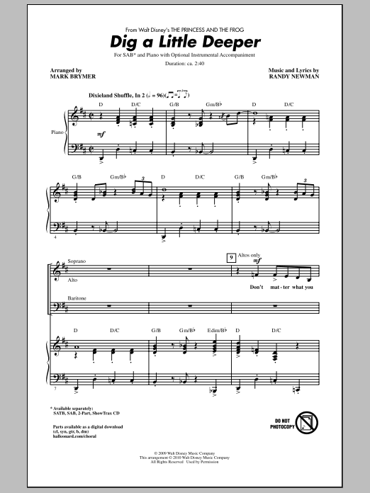 Mark Brymer Dig A Little Deeper (from The Princess And The Frog) sheet music notes and chords arranged for 2-Part Choir