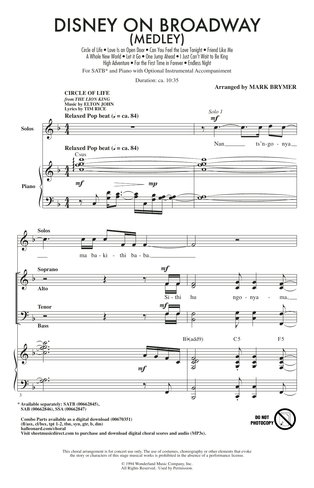 Mark Brymer Disney On Broadway (Medley) sheet music notes and chords arranged for SAB Choir