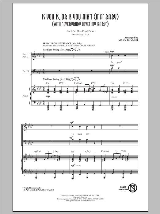 Mark Brymer Everybody Loves My Baby (But My Baby Don't Love Nobody But Me) sheet music notes and chords arranged for 3-Part Mixed Choir