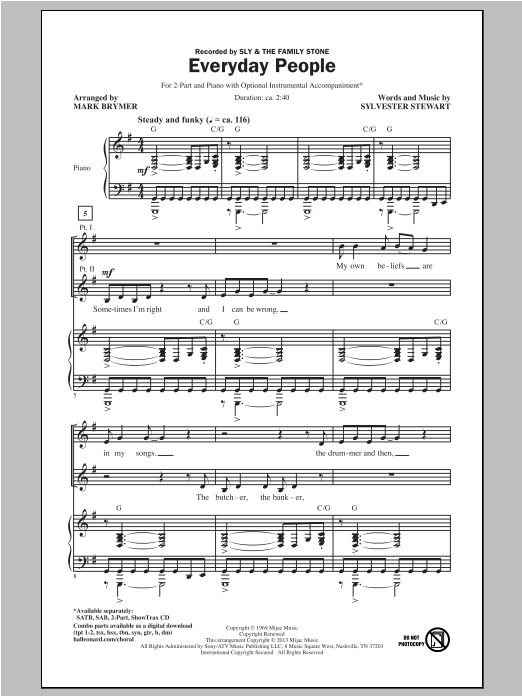Mark Brymer Everyday People sheet music notes and chords arranged for 2-Part Choir