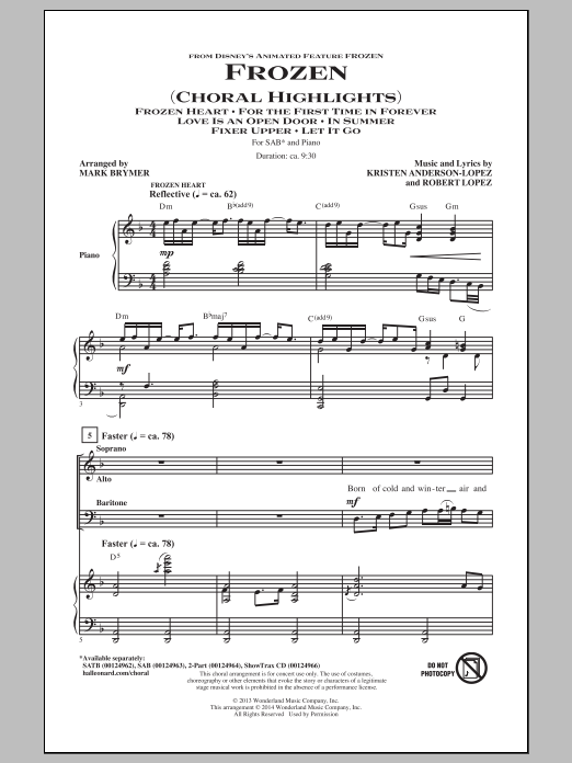 Mark Brymer Frozen (Choral Highlights) sheet music notes and chords arranged for SAB Choir