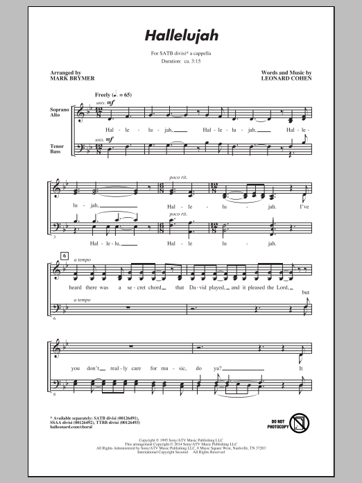Mark Brymer Hallelujah sheet music notes and chords arranged for TTBB Choir