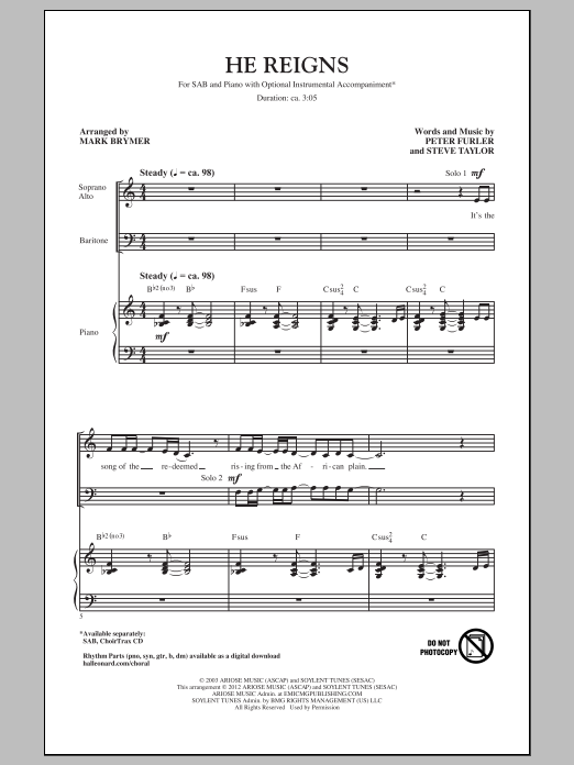 Mark Brymer He Reigns sheet music notes and chords arranged for SAB Choir