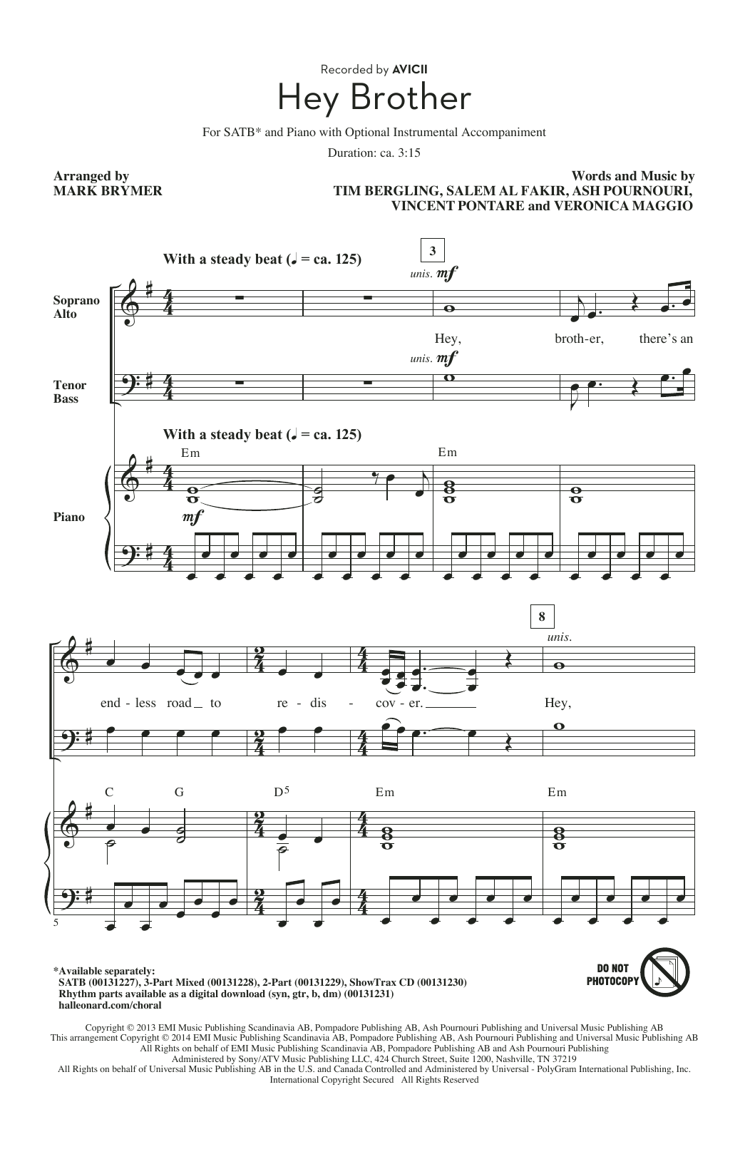 Mark Brymer Hey Brother sheet music notes and chords arranged for 3-Part Mixed Choir