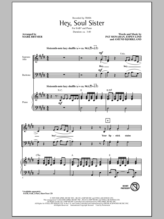 Mark Brymer Hey, Soul Sister sheet music notes and chords arranged for SATB Choir