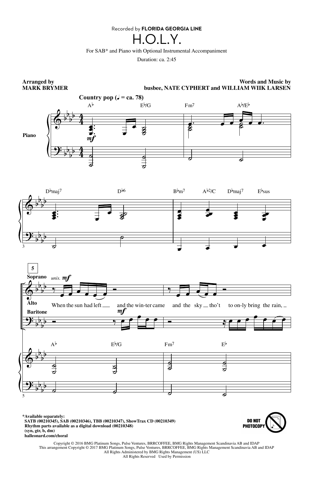 Mark Brymer H.O.L.Y. sheet music notes and chords arranged for TBB Choir