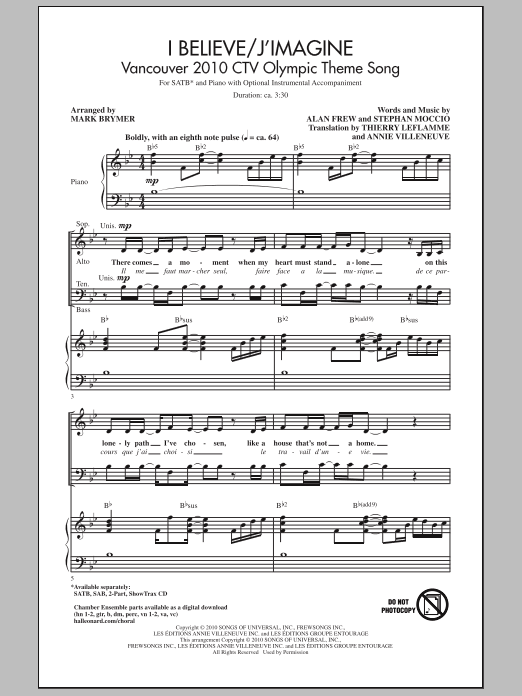 Mark Brymer I Believe / J'Imagine sheet music notes and chords arranged for SAB Choir