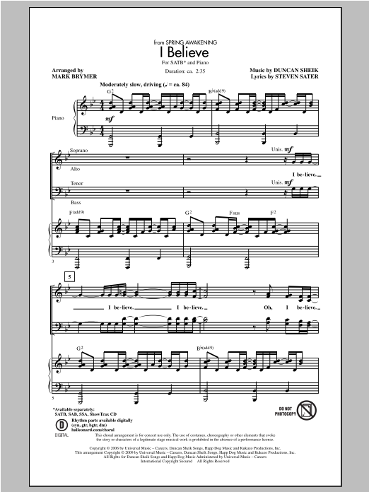 Mark Brymer I Believe (from Spring Awakening) sheet music notes and chords arranged for SSA Choir