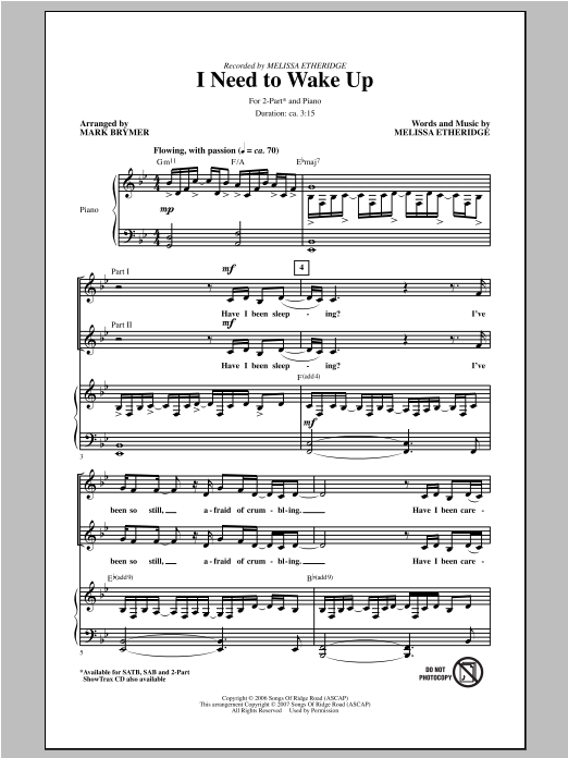 Mark Brymer I Need To Wake Up sheet music notes and chords arranged for 2-Part Choir