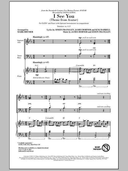 Mark Brymer I See You (Theme from Avatar) sheet music notes and chords arranged for SSA Choir