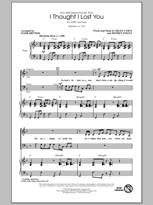 Mark Brymer I Thought I Lost You (from Bolt) sheet music notes and chords arranged for SATB Choir