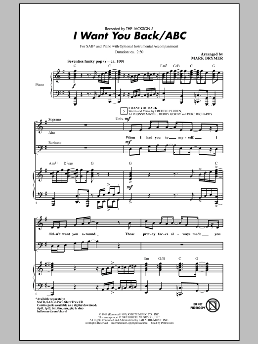 Mark Brymer I Want You Back / ABC sheet music notes and chords arranged for SAB Choir