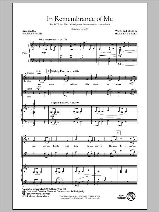 Mark Brymer In Remembrance Of Me sheet music notes and chords arranged for SATB Choir