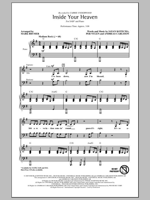 Mark Brymer Inside Your Heaven sheet music notes and chords arranged for SSA Choir