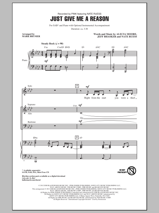 Mark Brymer Just Give Me A Reason sheet music notes and chords arranged for SSA Choir