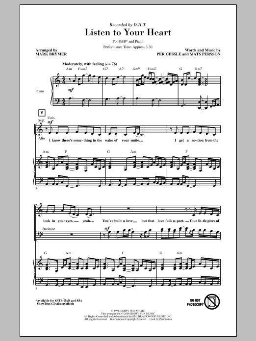 Mark Brymer Listen To Your Heart sheet music notes and chords arranged for SSA Choir