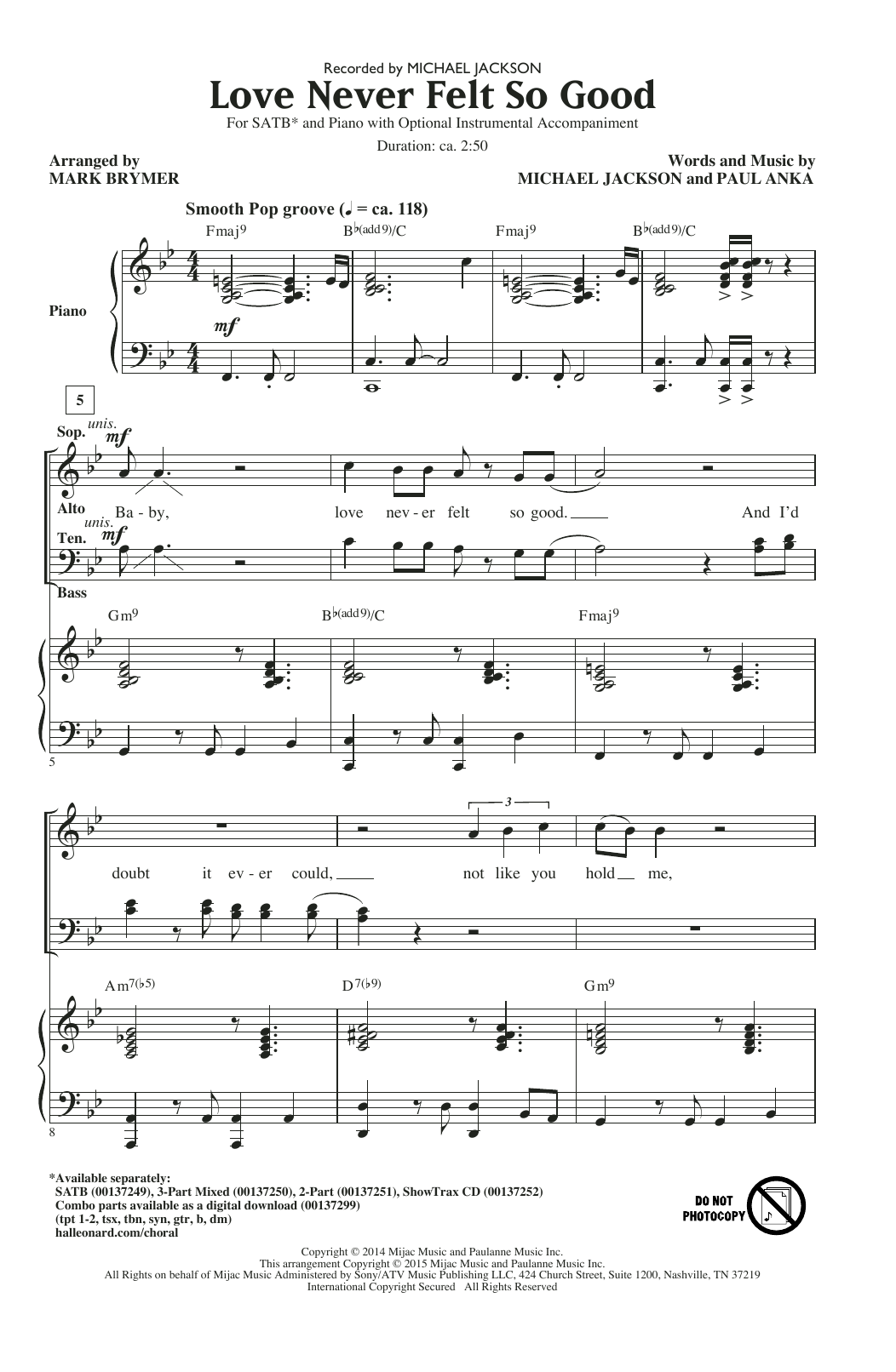 Mark Brymer Love Never Felt So Good sheet music notes and chords arranged for 3-Part Mixed Choir