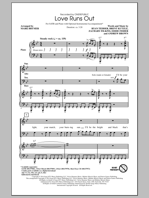 Mark Brymer Love Runs Out sheet music notes and chords arranged for 2-Part Choir