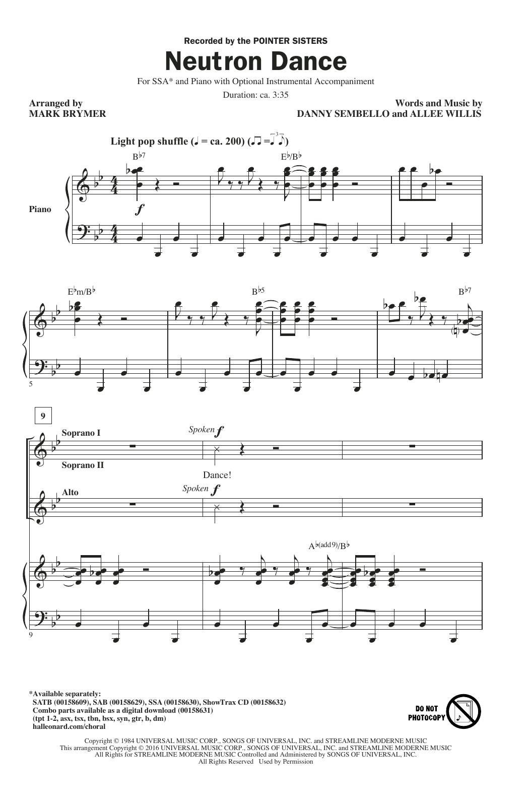 Mark Brymer Neutron Dance sheet music notes and chords arranged for SSA Choir