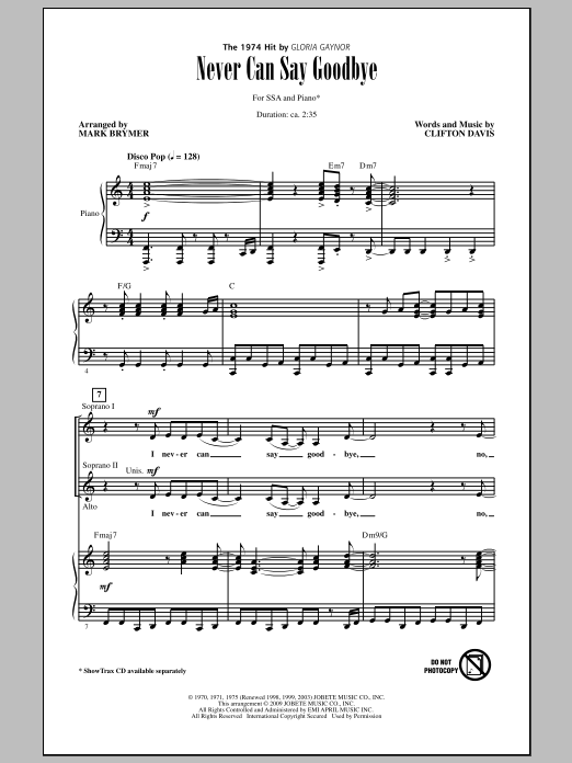 Mark Brymer Never Can Say Goodbye sheet music notes and chords arranged for SSA Choir