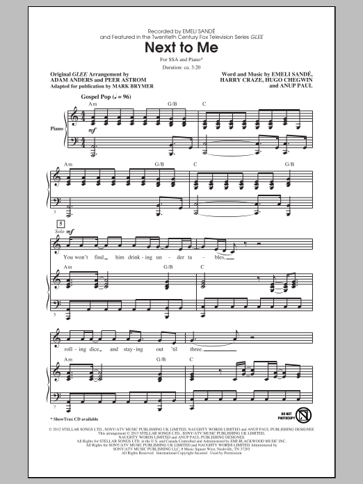 Mark Brymer Next To Me sheet music notes and chords arranged for SSA Choir