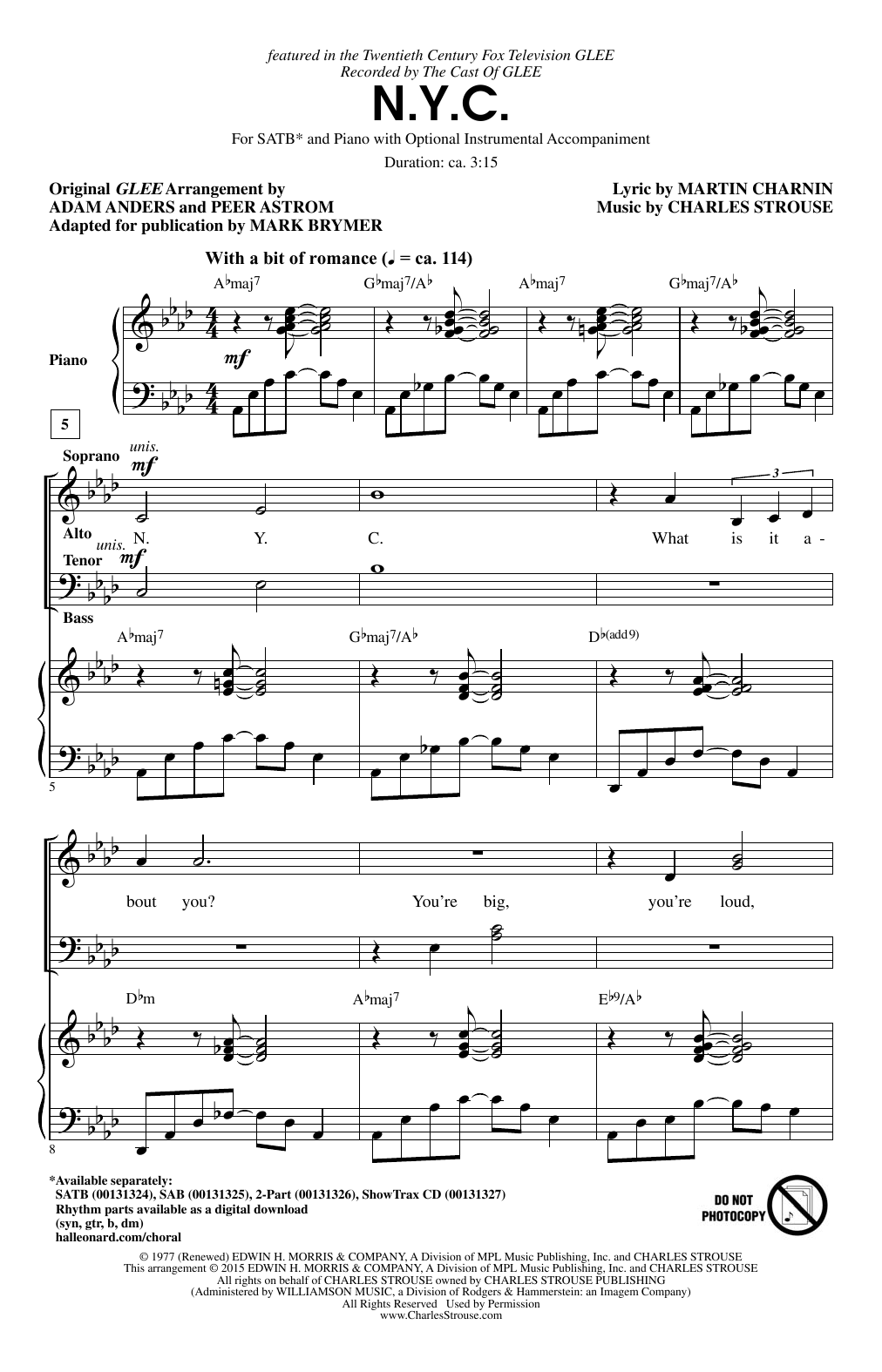 Mark Brymer N.Y.C. sheet music notes and chords arranged for SAB Choir
